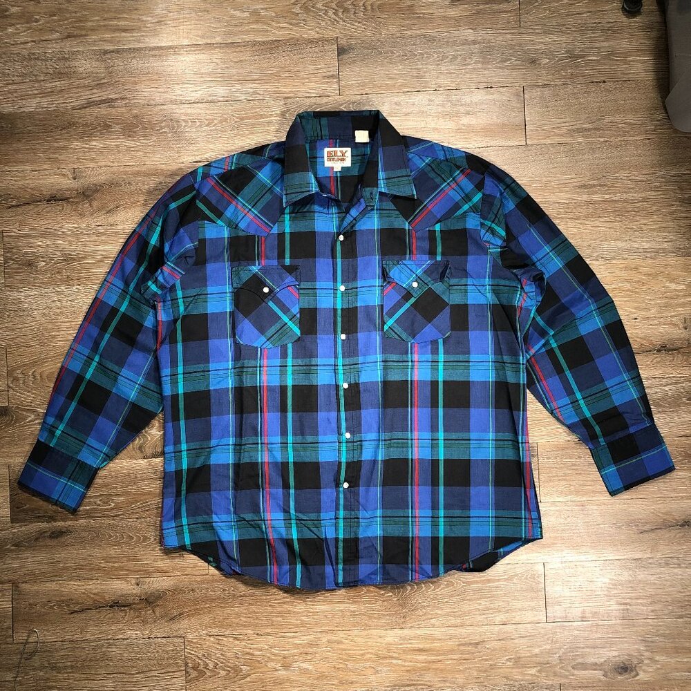 Ely Cattleman Shirt Mens XL Blue Plaid Western Pearl Snap Cowboy Rodeo Rancher